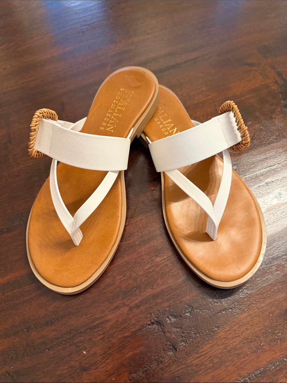 Italian Shoemakers White and Tan Thong Sandals with Woven Accent